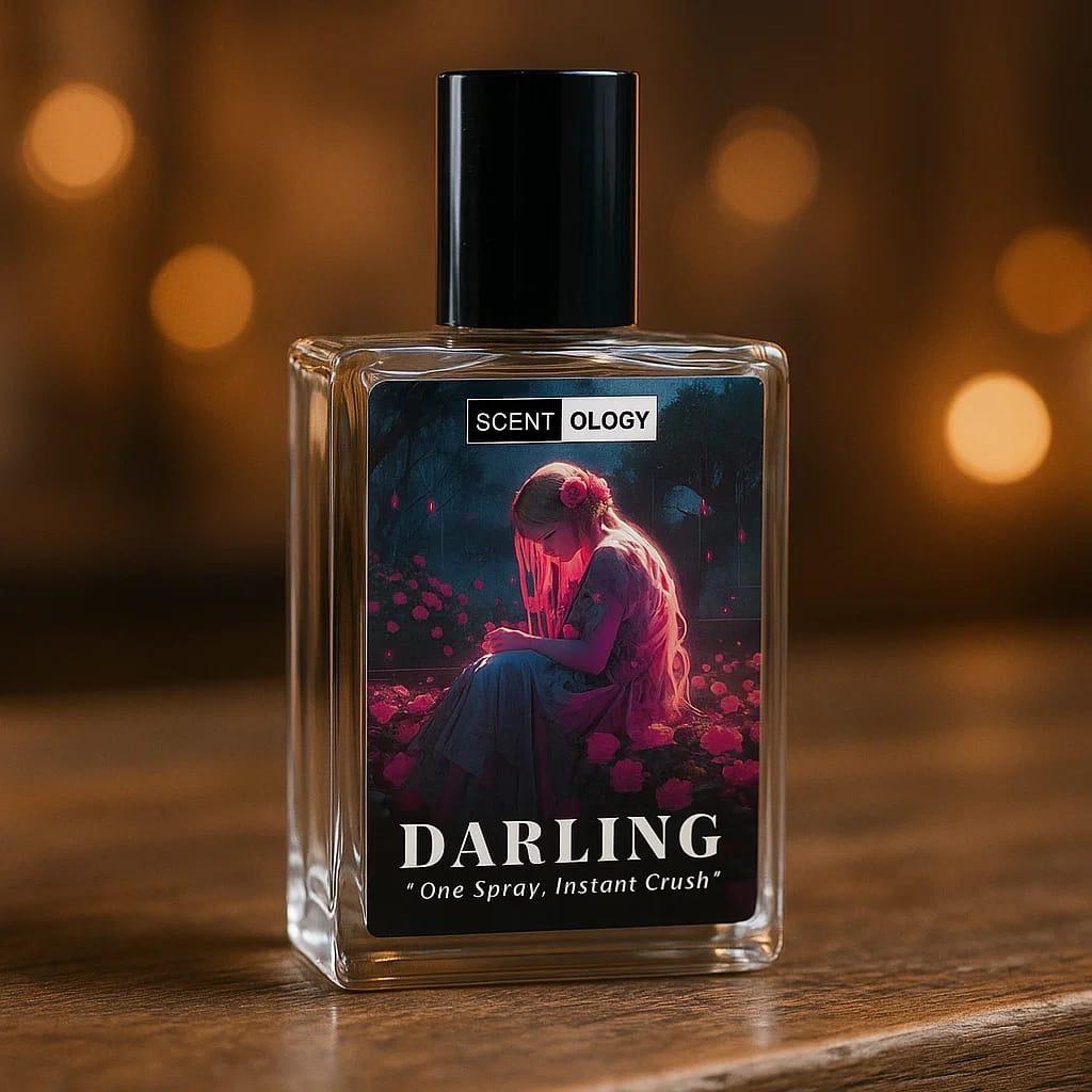 darling perfume bottle placed in an upright position in front of a light background facing front