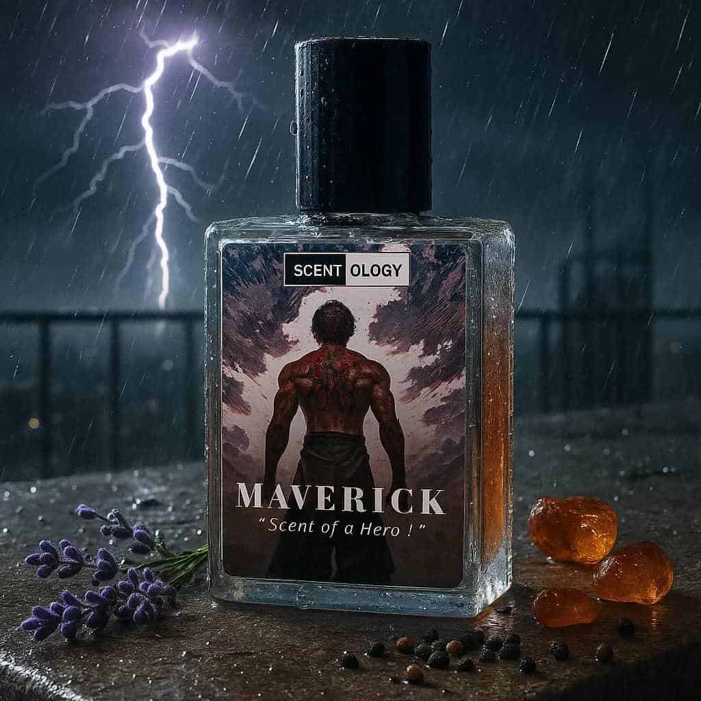 maverick perfume bottle placed on a terraceof building with lavender, umber elements beside it in a dark stormy and rainy scene giving a mystical view