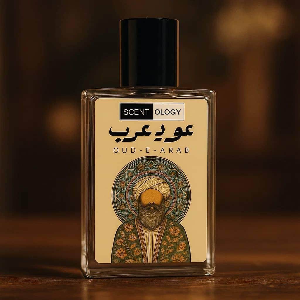 Oud-e-Arab perfume placed in an upright position facing front with a blurry background and focus on the perfume bottle's center