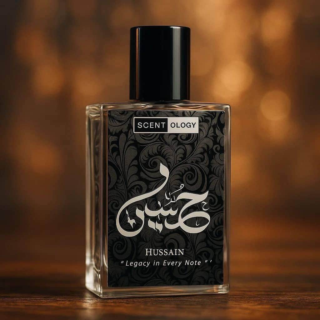 Husain perfume bottle placed in a upright position facing front with focus on center and background being blurred presenting a mystical view