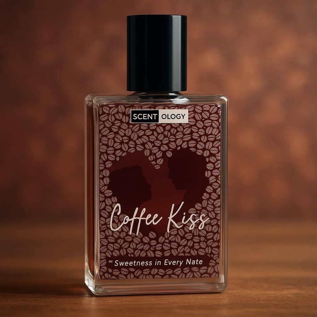 coffee kiss perfume placed in an upright position facing front infront of a brown background