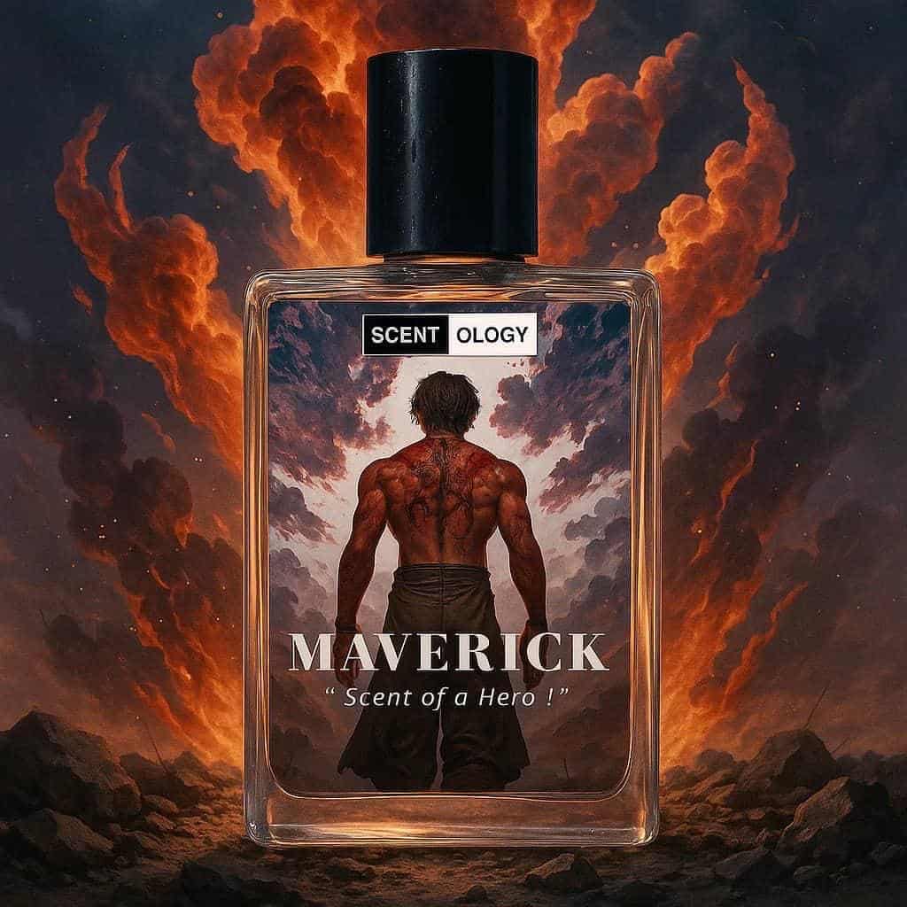 maverick perfume bottle placed in an upright position facing front on a mountain place with smoke and fire behind giving a mystical scene