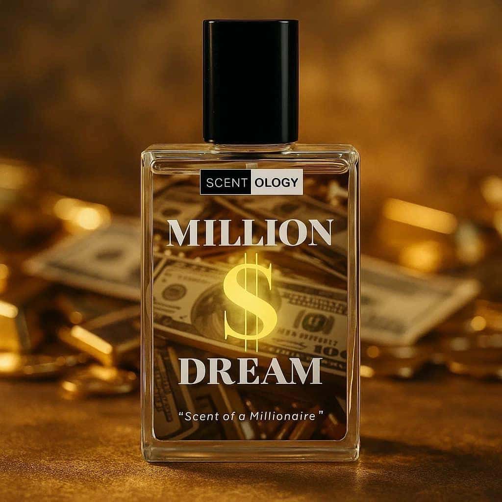 million $ dream perfume bottle placed in a upright position facing front infront of a background that shows dollars, gold, treasures.