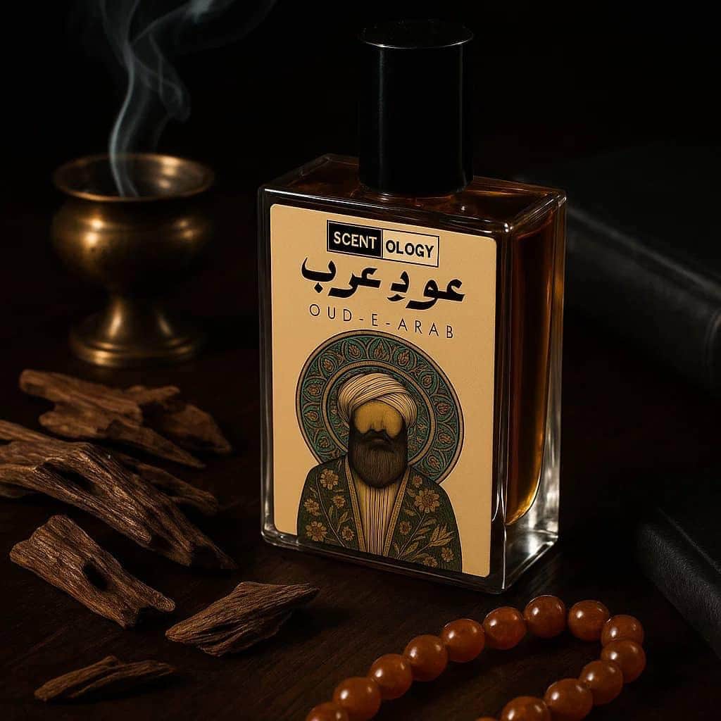 Oud-e-Arab perfume bottle placed in the middle of oud wood with a pearl bracelet and oud smoke near it in a dark cozy scene with black background