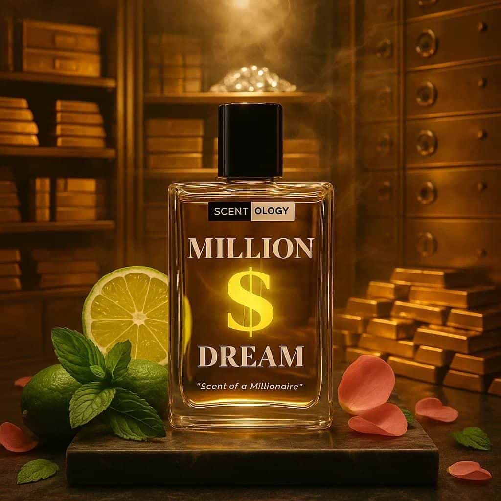million $ dream perfume bottle placed in upright position facing front inside a vault with note elements of lime and flower petals beside it and gold bricks and lockers and diamonds can be seen in background