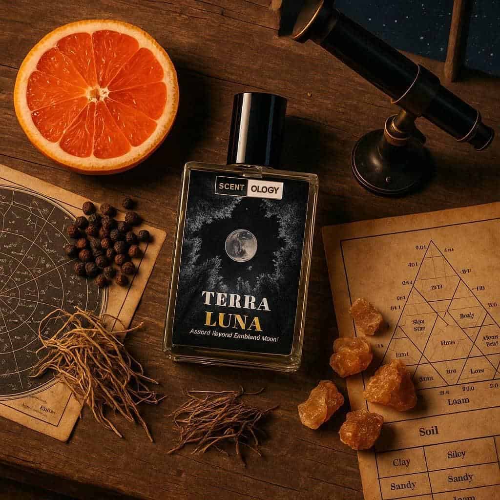 terra luna perfume bottle placed in a desk with telescope, papers and other notes elements beside it including umber, bergamot and oudwood