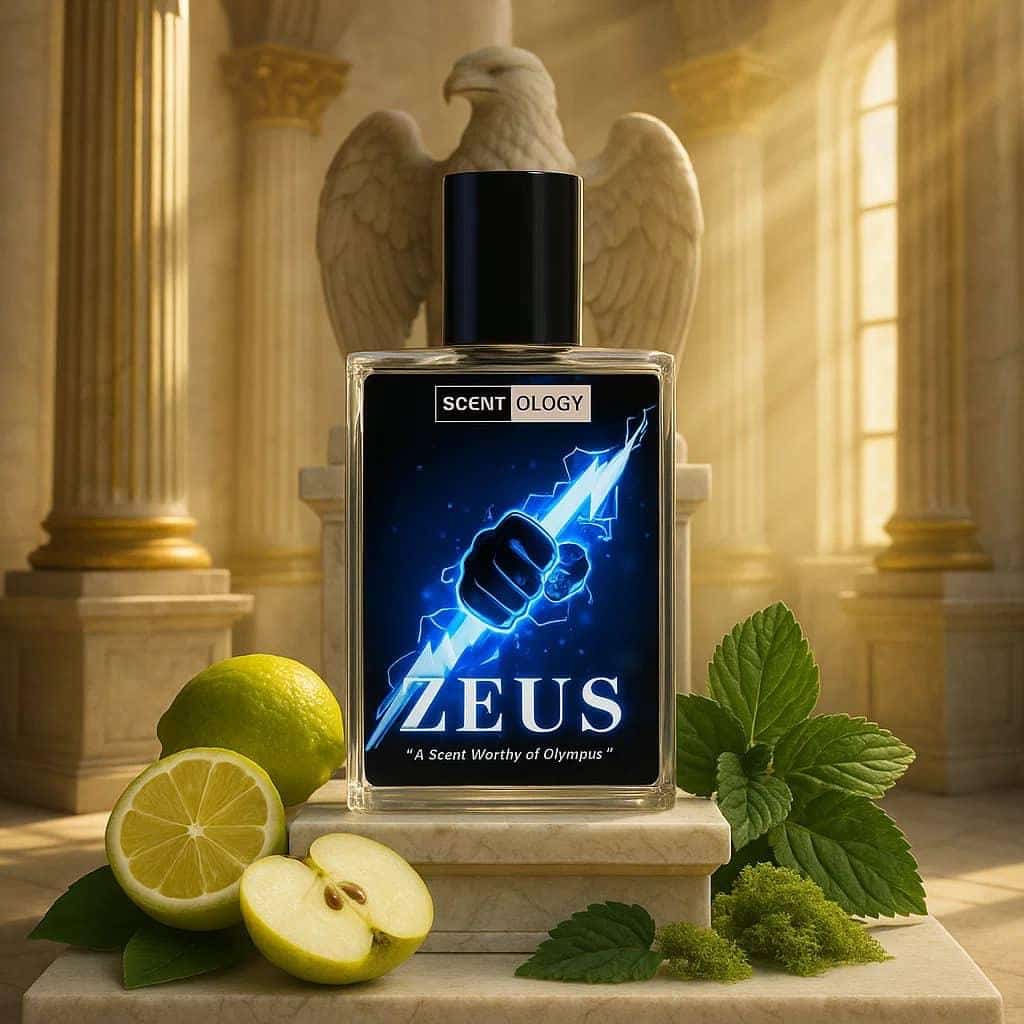 Zeus perfume bottle placed on the royal seat in a castle with fresh lime, leaves, and apple near it and an eagle statue placed behind gives an extraordinary scene