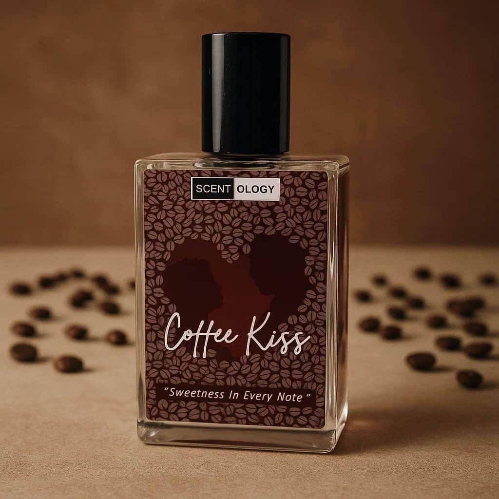 coffee kiss perfume bottle place in an upright position facing front with coffee bean behind in front of a brownish background