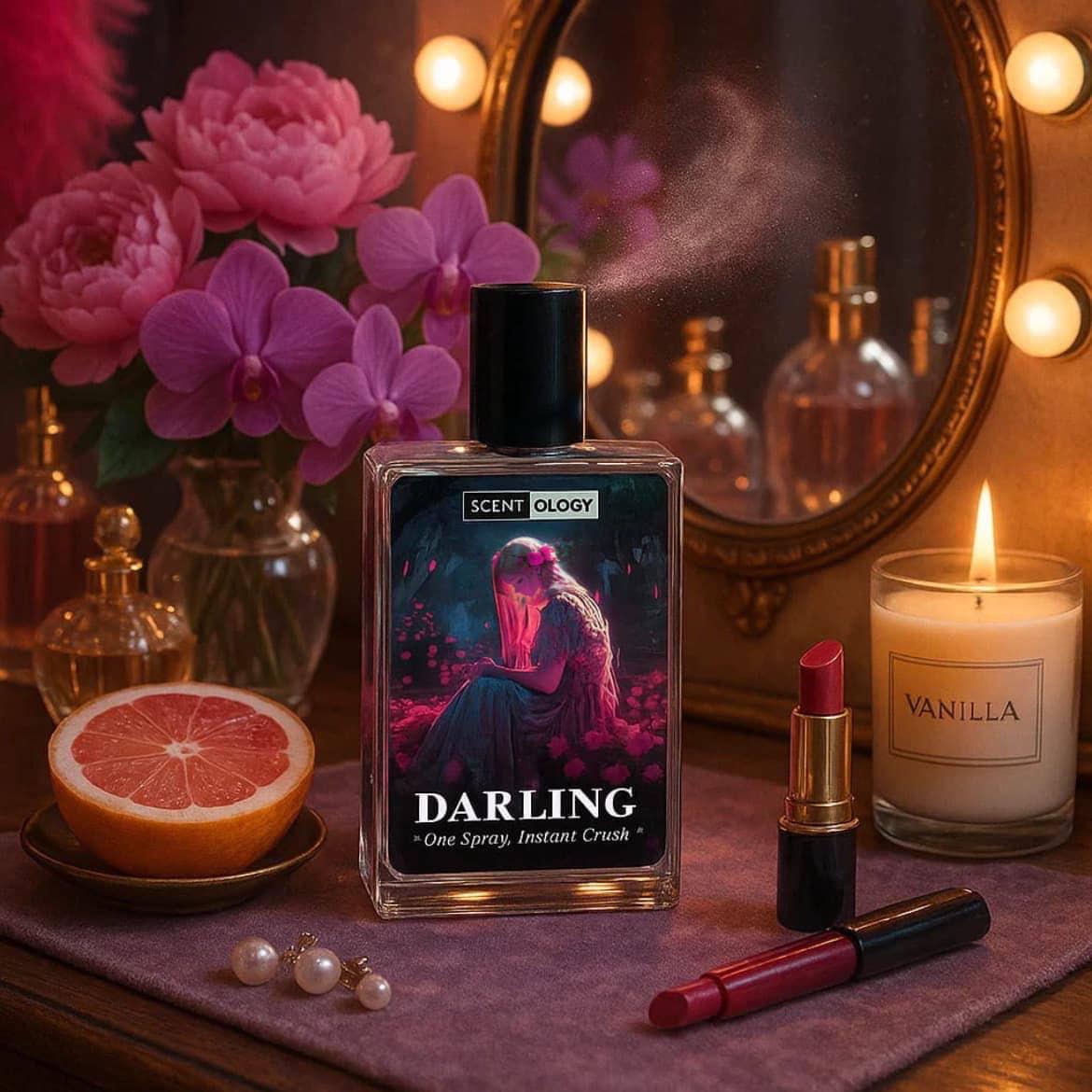 darling perfume bottle placed in upright tiled position facing front on the dressing table with other perfumes bottle, lipstick, cosmetics and oranges