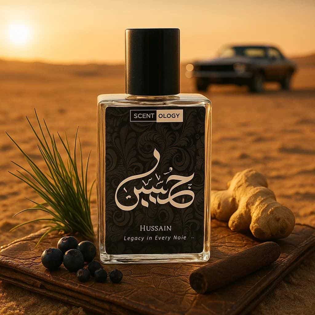 Hussain Perfume bottle placed in a desert place with ginger, bergamot placed beside it on a leather platform and a muscle car at the background visualizing a sunset background