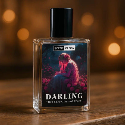 darling perfume bottle placed in an upright position in front of a light background facing front
