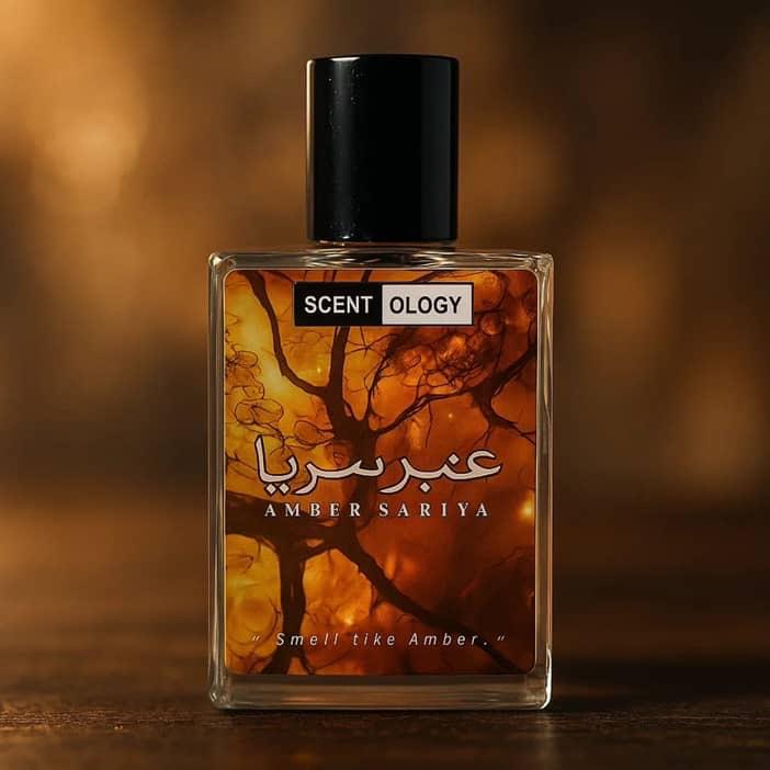 ambarsariya perfume bottle placed in an upright position facing front behind is a light-brown background