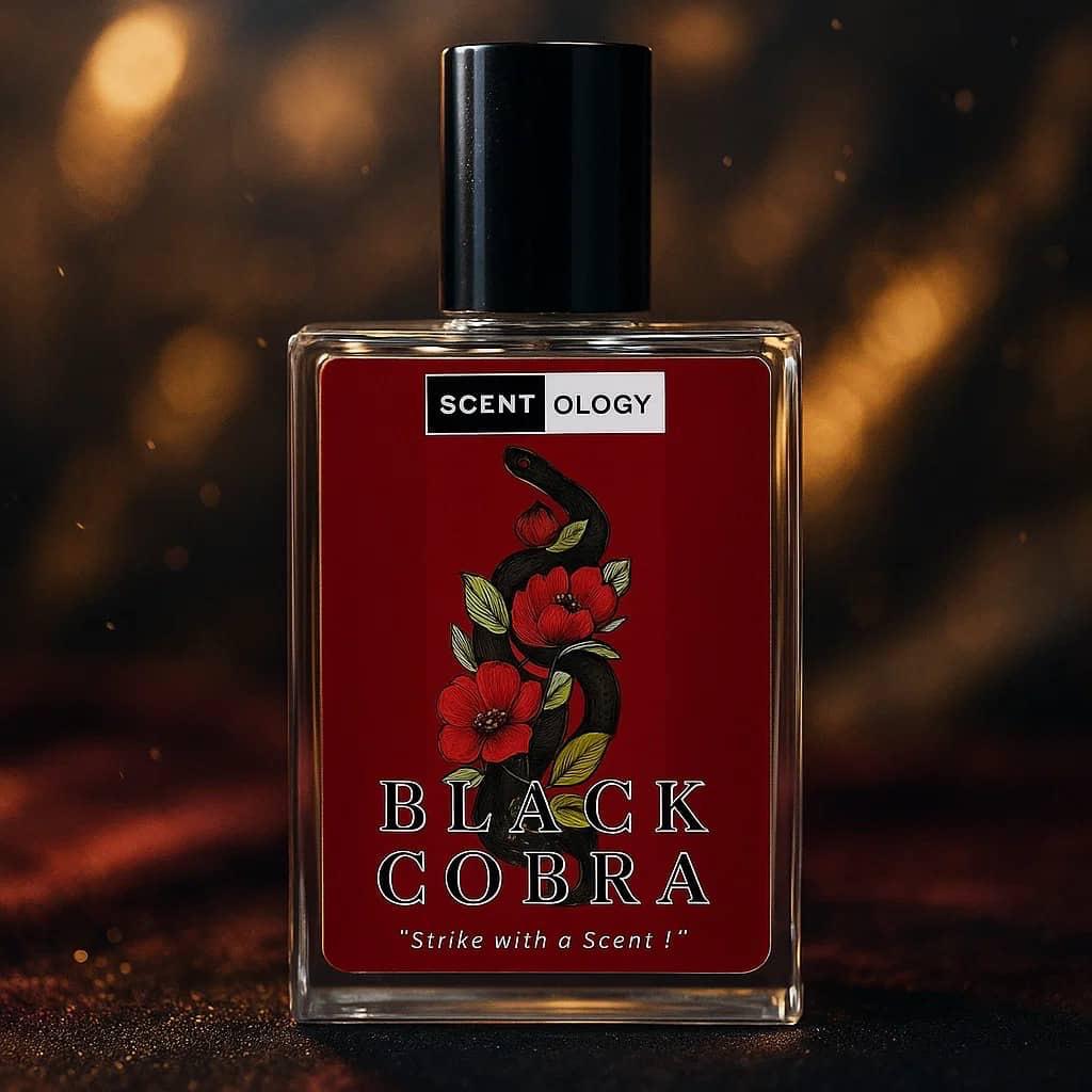 black cobra bottle placed in an upright position facing front infront of a dark brownish mystical background