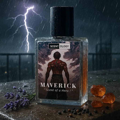 maverick perfume bottle placed on a terraceof building with lavender, umber elements beside it in a dark stormy and rainy scene giving a mystical view