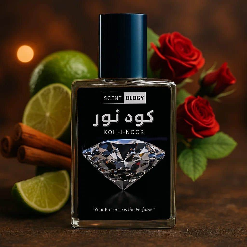 koh-i-noor bottle placed on earth in upright position facing front and lime, rose can bee seen emerging from its behind