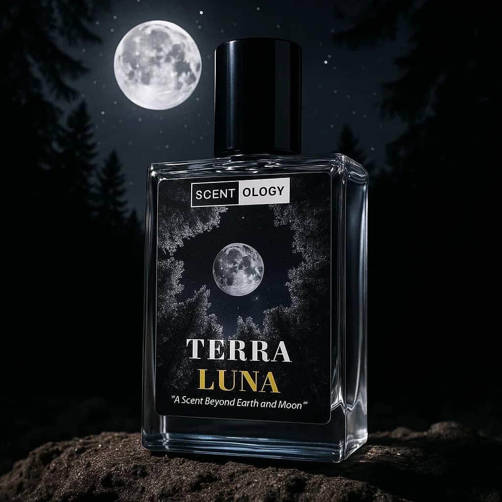 terrra Luna perfume placed on earth in a dark environment in tilted position facing front with moon light on it and moon behind the scene