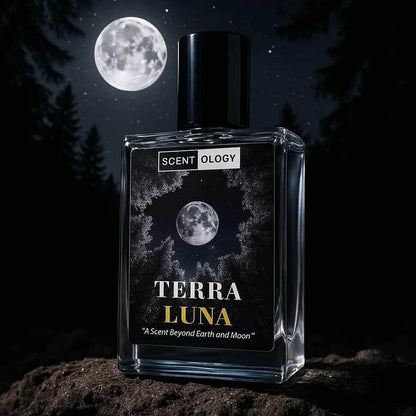 terrra Luna perfume placed on earth in a dark environment in tilted position facing front with moon light on it and moon behind the scene