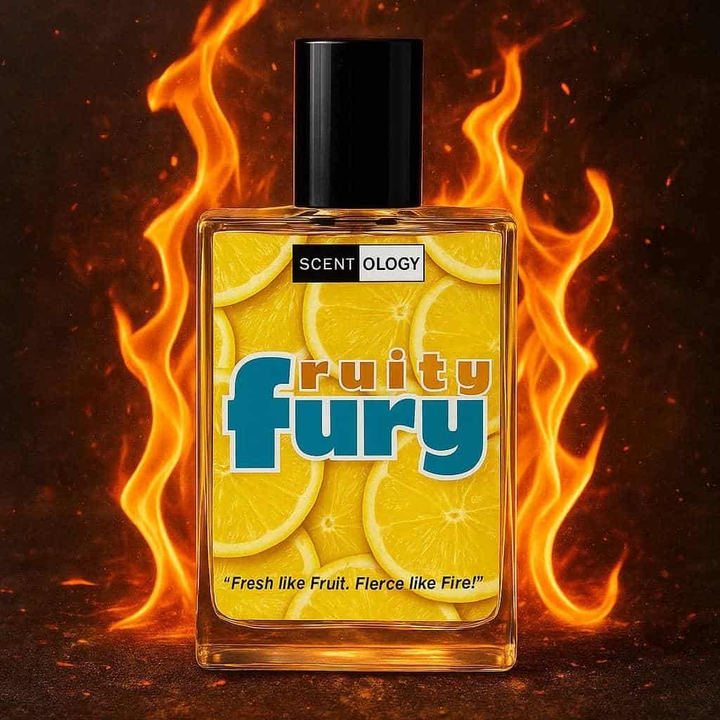 fruity fury bottle of perfume place in an upright position facing front on earth with fire flames around it emerging from down and going up giving a mystical view