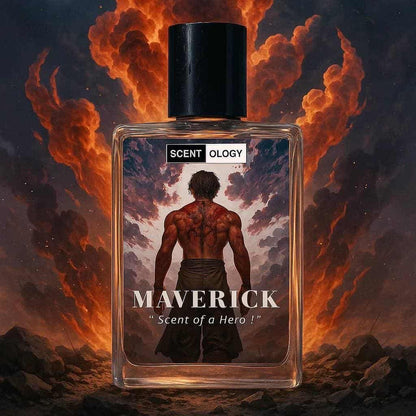 maverick perfume bottle placed in an upright position facing front on a mountain place with smoke and fire behind giving a mystical scene