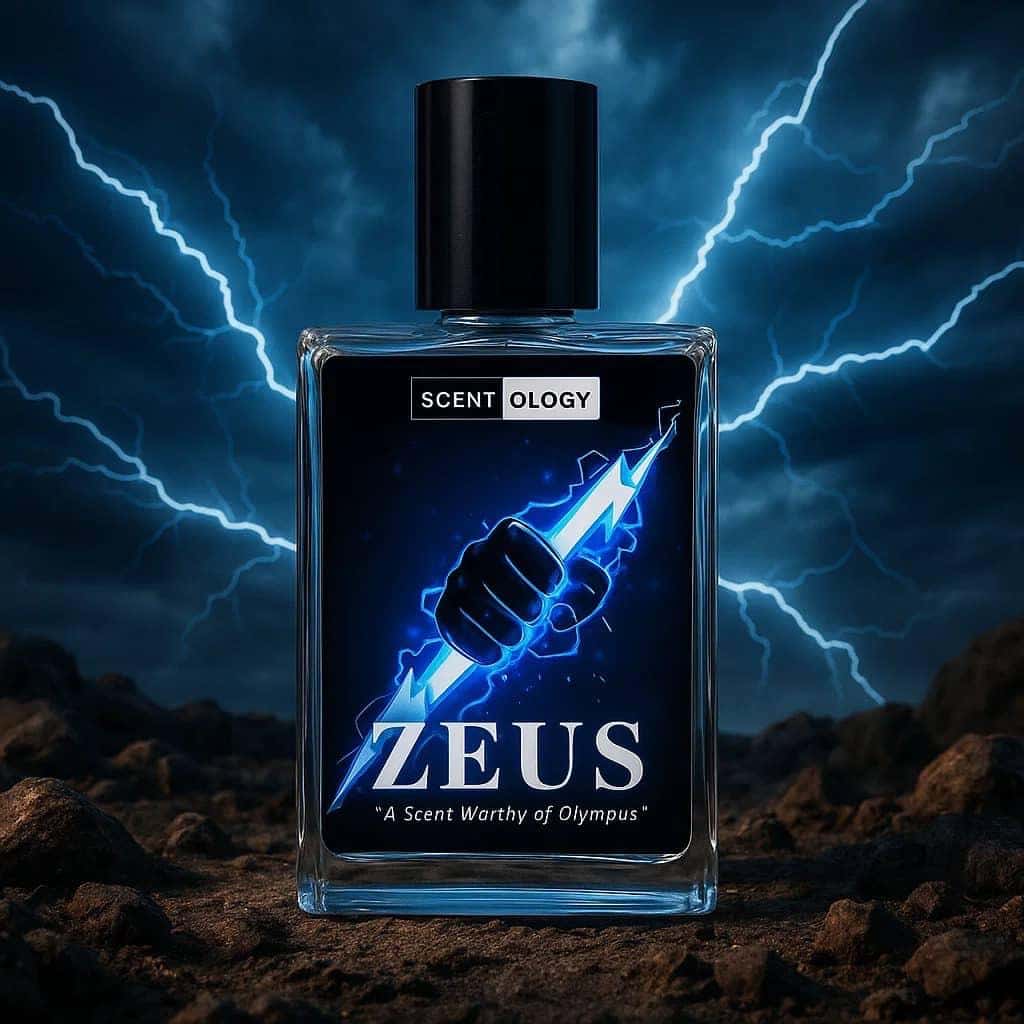 zeus perfume bottle placed in an upright position facing front and lightning in the background on a mountain place presenting a dark mystical scene