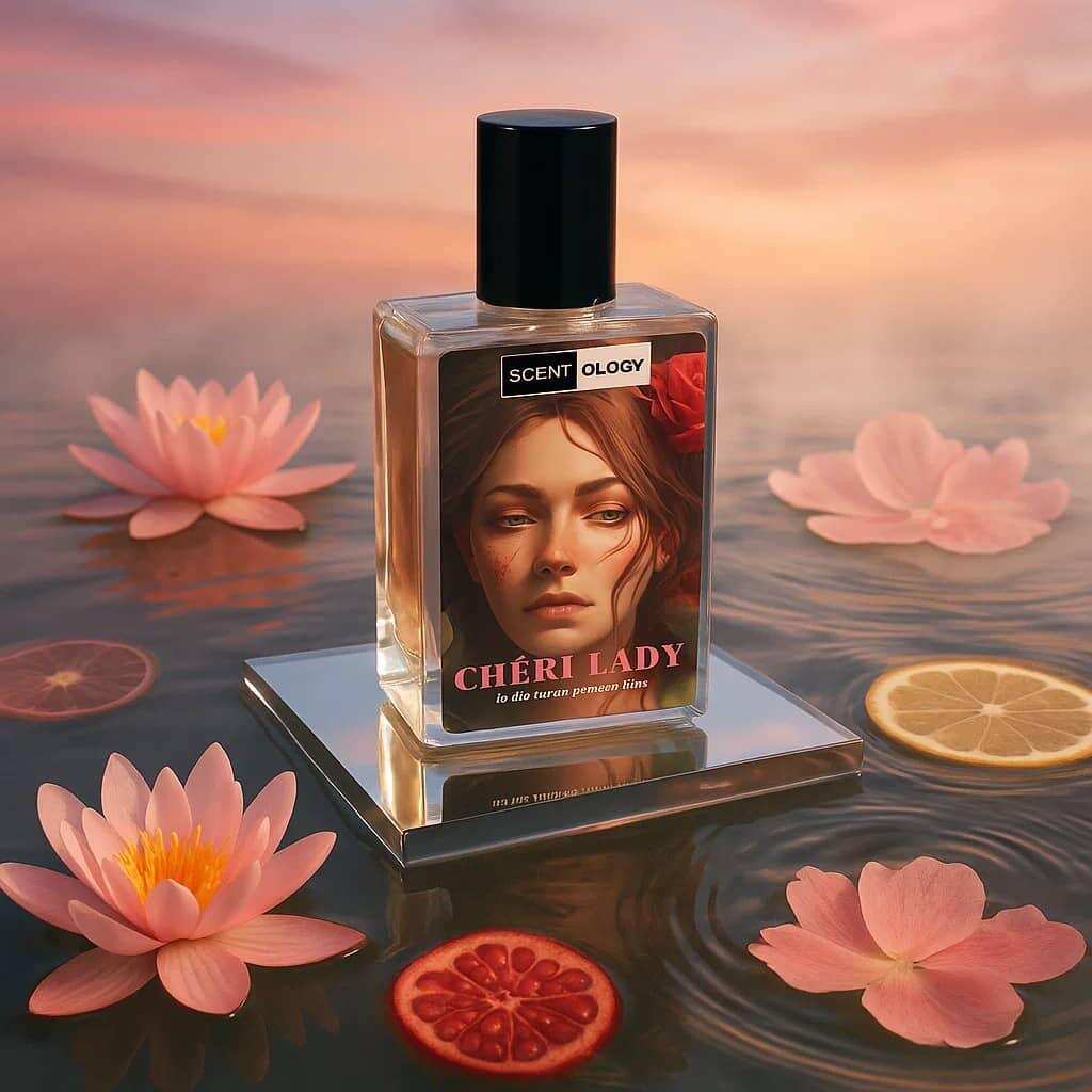cheri lady bottle placed in water pool with lilies, pomegranates and lime submerged in water
