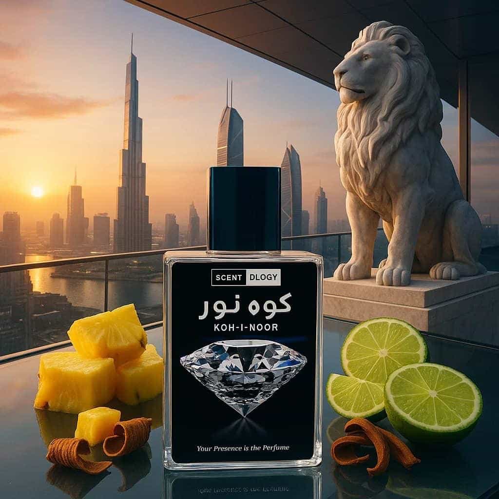 koh-i-noor perfume bottle placed in upright position facing front on a building terrace in Dubai with lime, pineapple beside it and burj-al-khalifa can be seen in background at sunset time