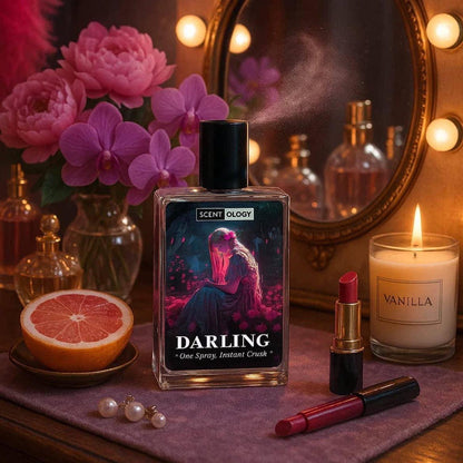 darling perfume bottle placed in upright tiled position facing front on the dressing table with other perfumes bottle, lipstick, cosmetics and oranges 