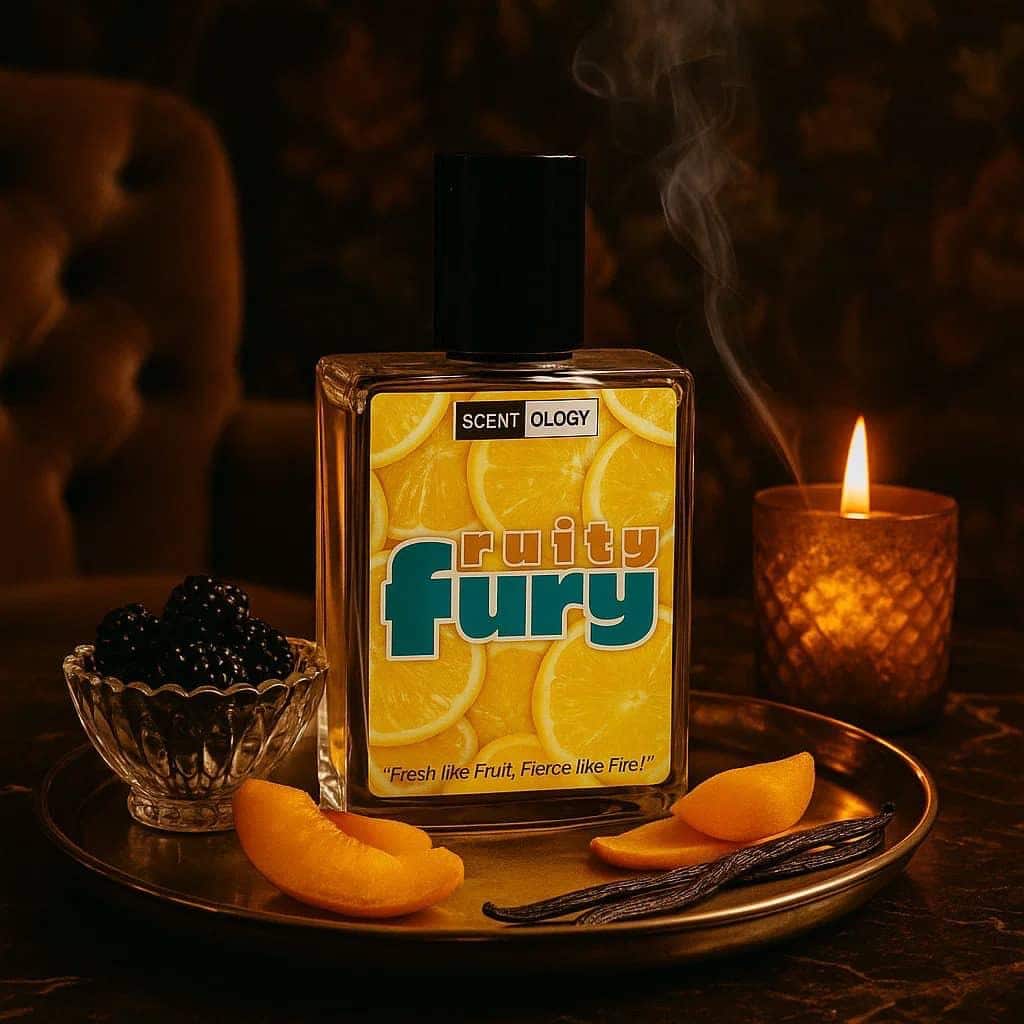 fruity fury perfume bottle placed in a dark room on a table inside a tray with cherries, peaches in upright position facing front in a candle light environment