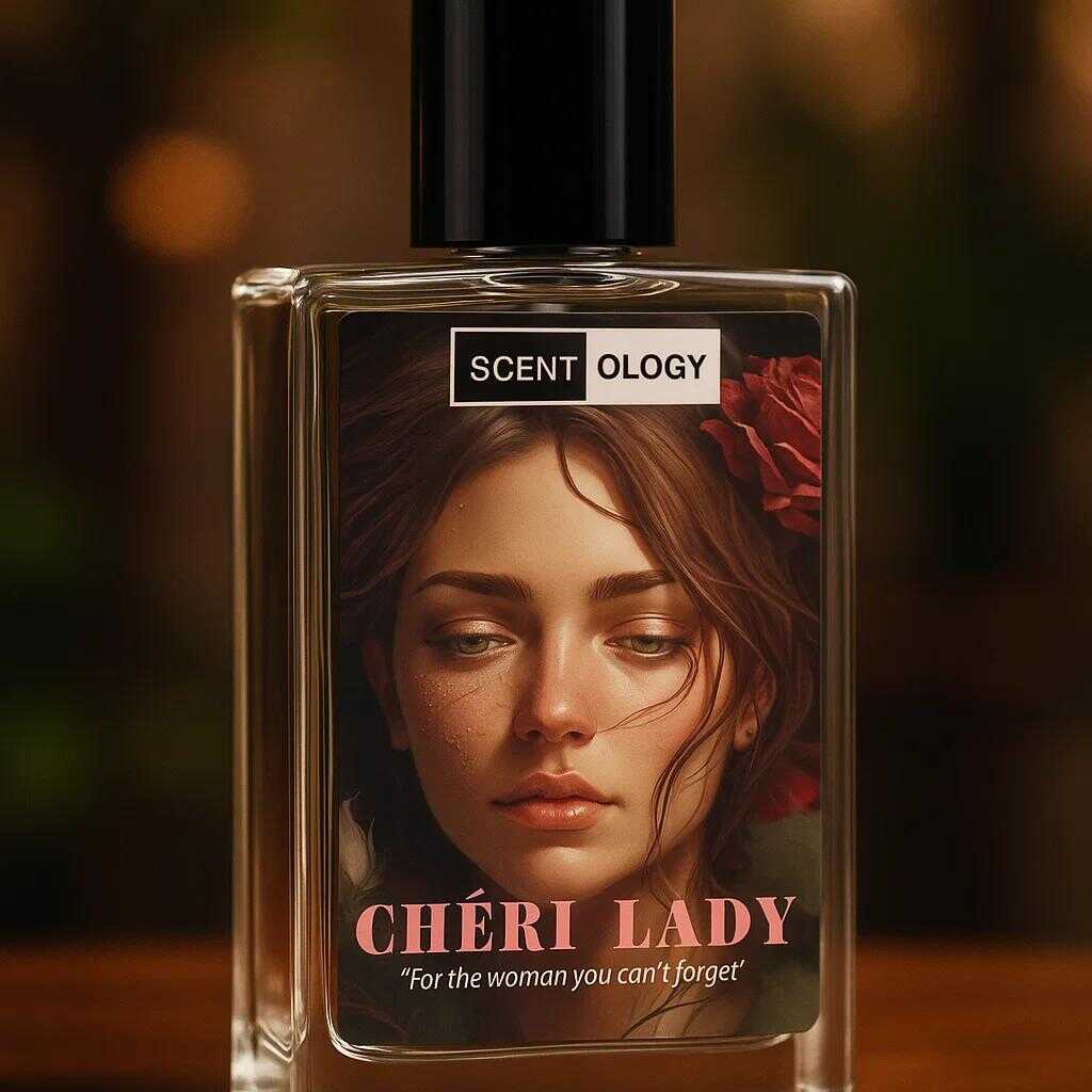 cheri lady perfume bottle placed in upright position facing front with mystical background and focused on centre 